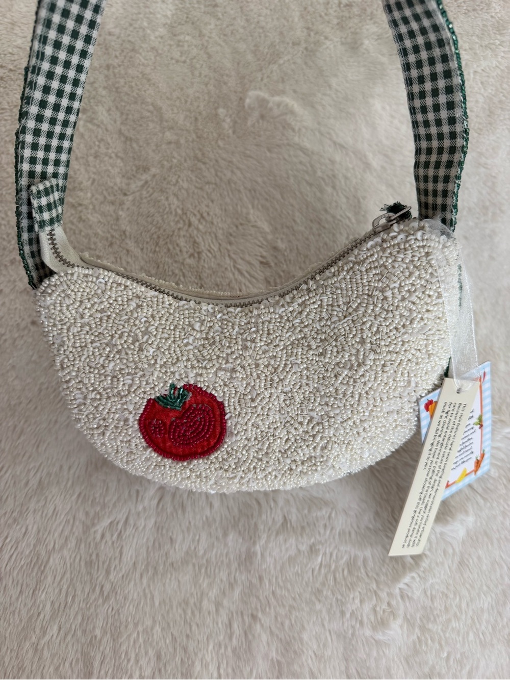 NWT Hand-Beaded Vegetable Motif Shoulder Bag in White tassel, green gingham - Picture 8 of 16